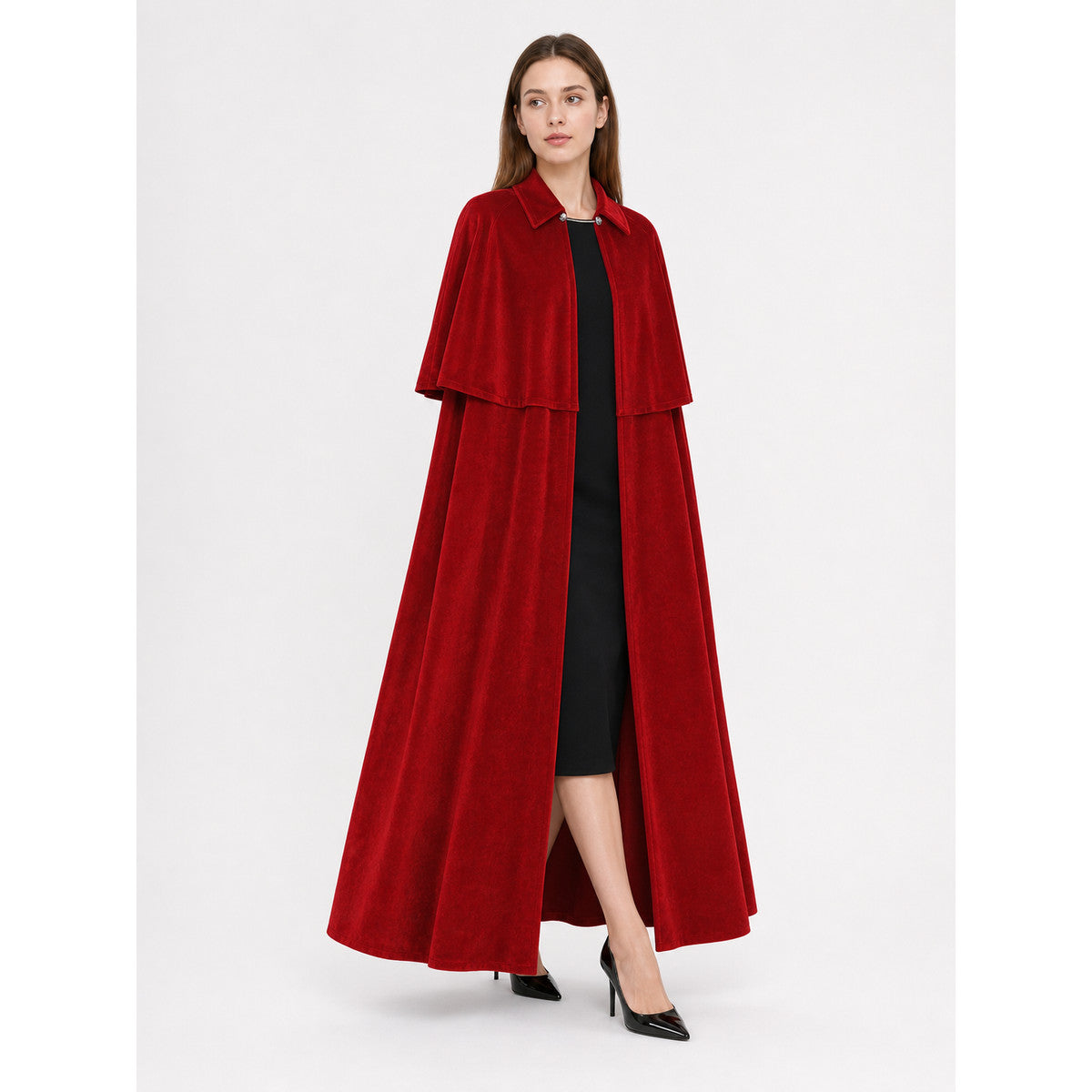 Dark red velvet vampire cape worn open over a black dress, full-length front view