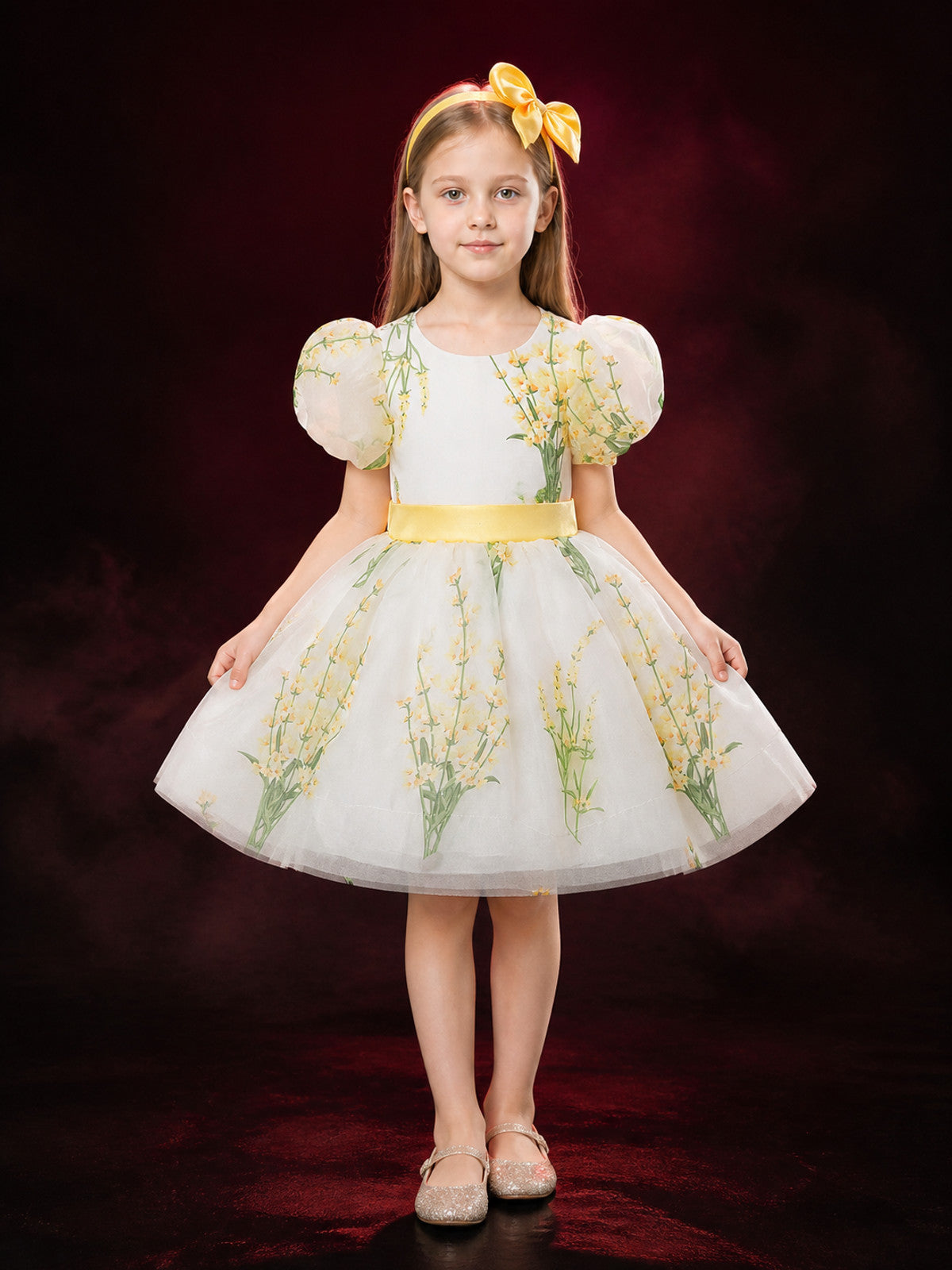 Baby Girls' Floral Princess Dress with Puff Sleeves and Bow Waist main product view