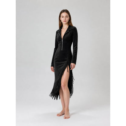 Black Fitted Dress with Long Sleeves and Fringe