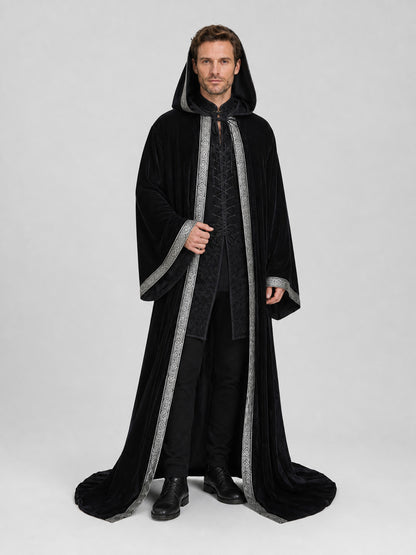 Black Hooded Halloween Cloak with Silver Trim
