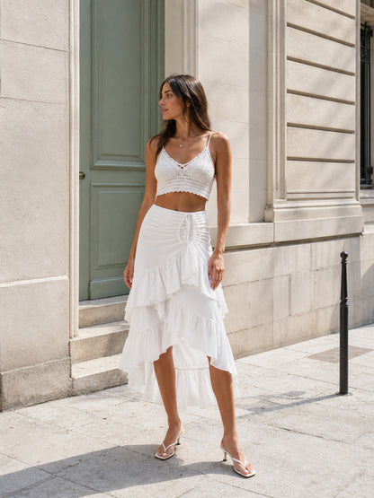 White Asymmetrical Skirt with Tiered Ruffles and Drawstring product detail