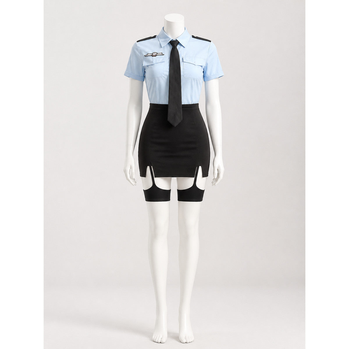 Women's Sexy Police Costume Set with Short Sleeve Top, Tie, and High Waist Skirt main product view