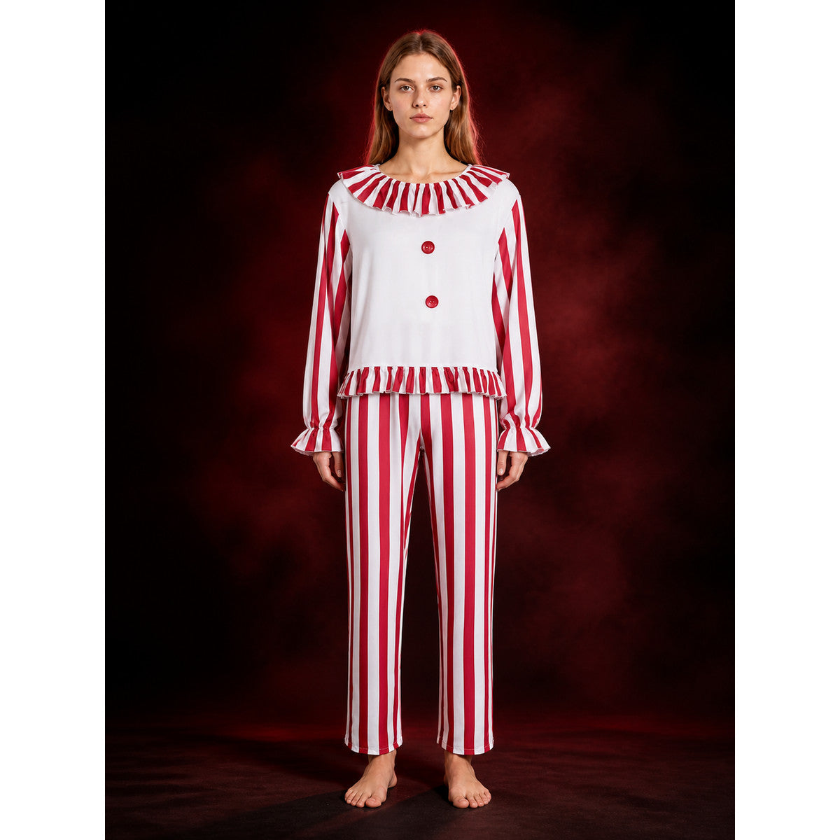 Red Striped Clown Costume Set for Adults, Ruffle Trim 2-Piece Halloween Outfit main product view