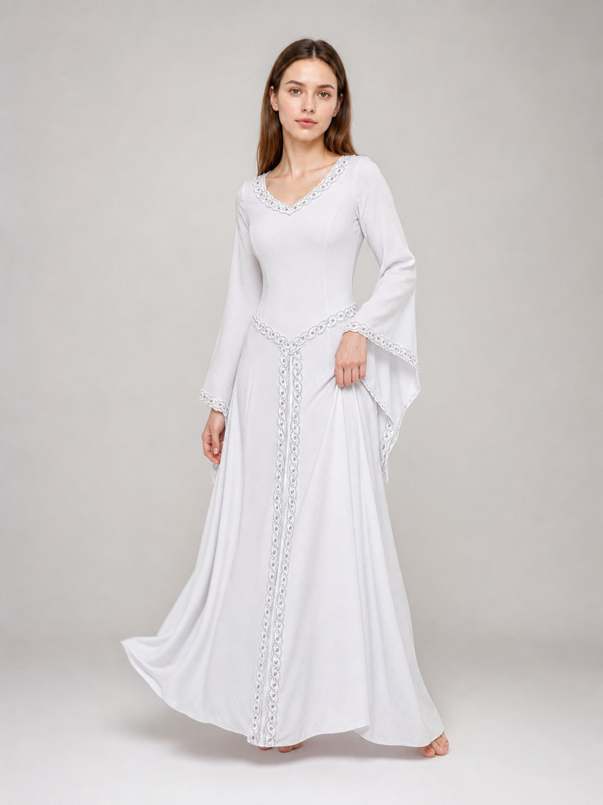 White Long Dress with Embroidery and Flared Sleeves