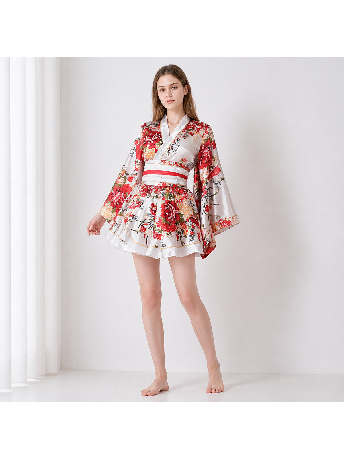 Wrap-style kimono with a full skirt and belt, peony print