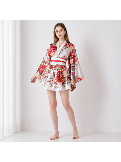 Wrap-style kimono with a full skirt and belt, peony print