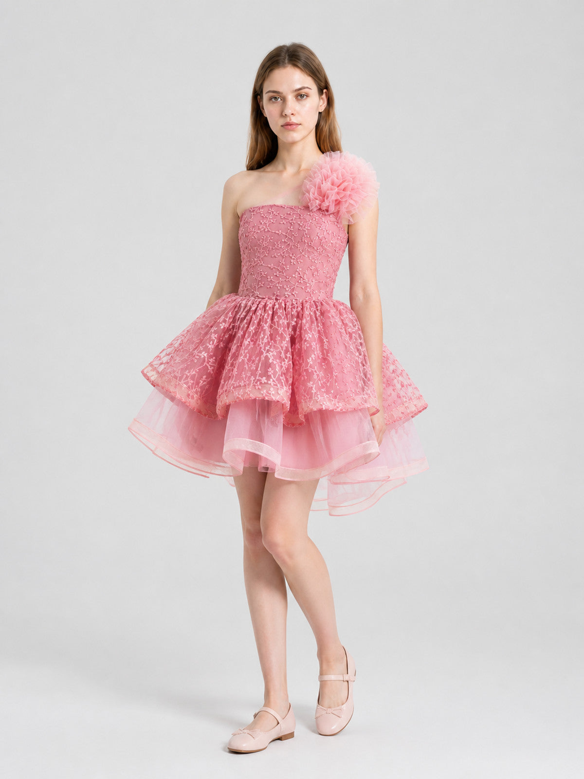 Elegant princess dress with embroidery, tulle, and a train