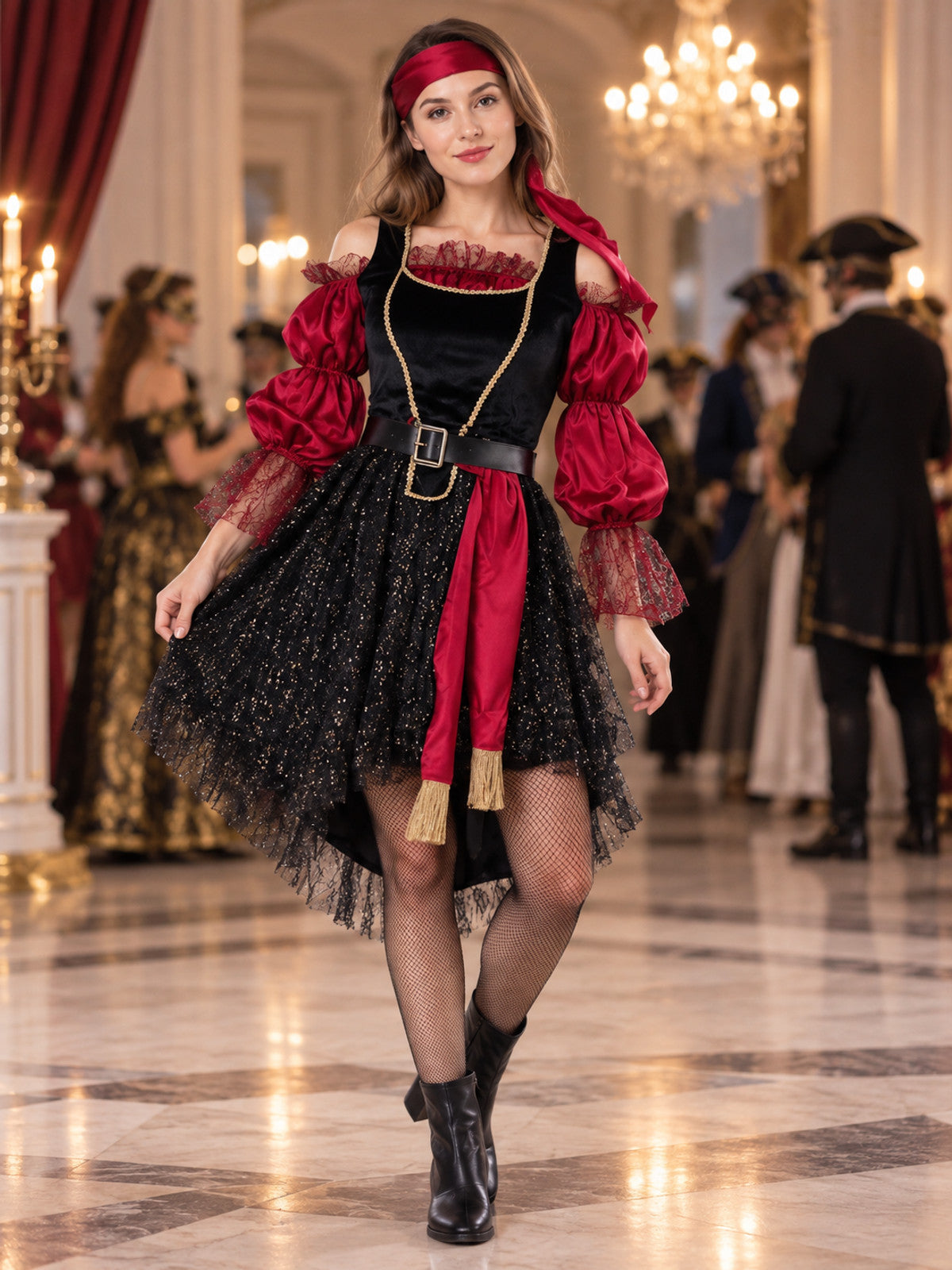 Pirate Costume with Black and Red Dress and Belt