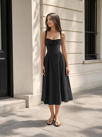 Black midi dress with thin straps and a drawstring Costume Dresses detail