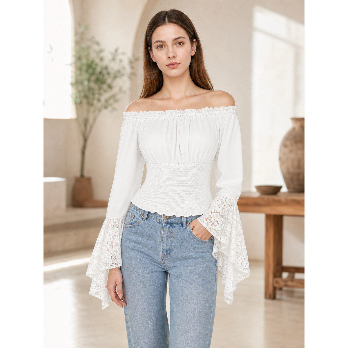 White Off-the-Shoulder Ruffle Blouse