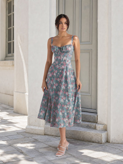Women's midi dress with a square neckline and print