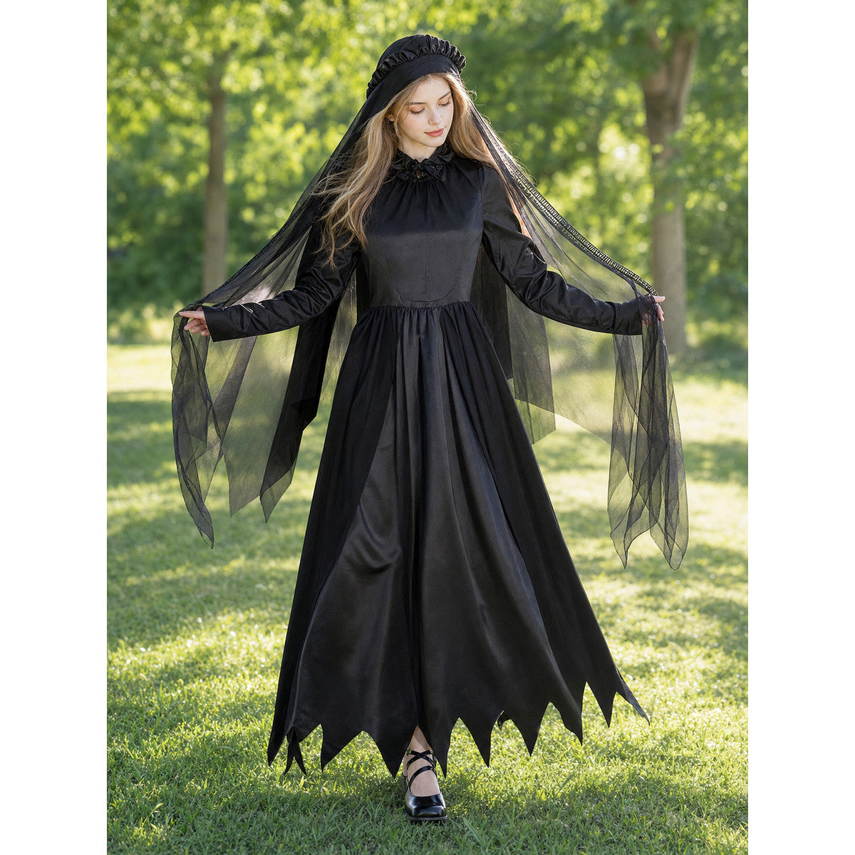 Black Gothic Dress with Cape for Halloween lifestyle