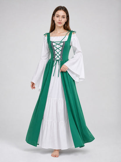 Green-and-White Medieval-Style Dress with Lacing