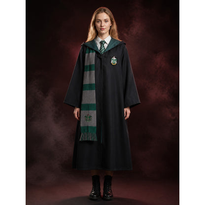 Slytherin Hooded Wizard Robe Costume Set with Tie and Scarf - Green Gray main product view