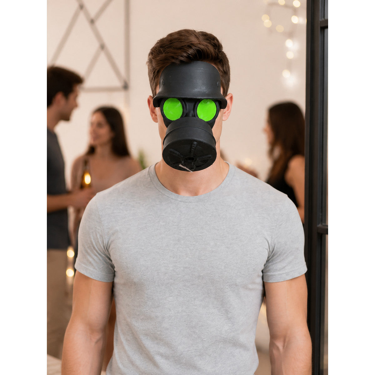 Halloween Gas Mask-Style Mask with Green Lenses lifestyle view