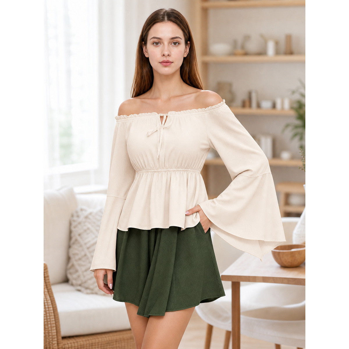 Off-the-Shoulder Blouse with Flared Sleeves lifestyle view
