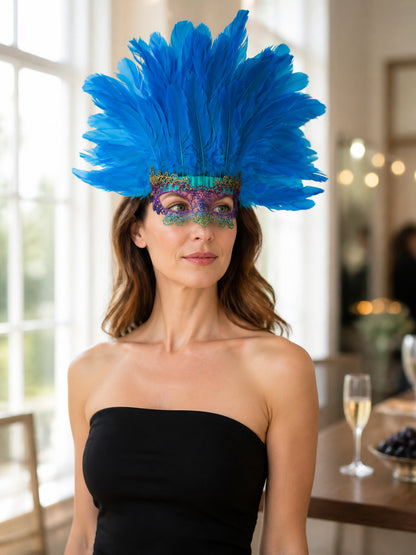 Carnival Feather Headpiece with Blue Feathers and Eye Mask