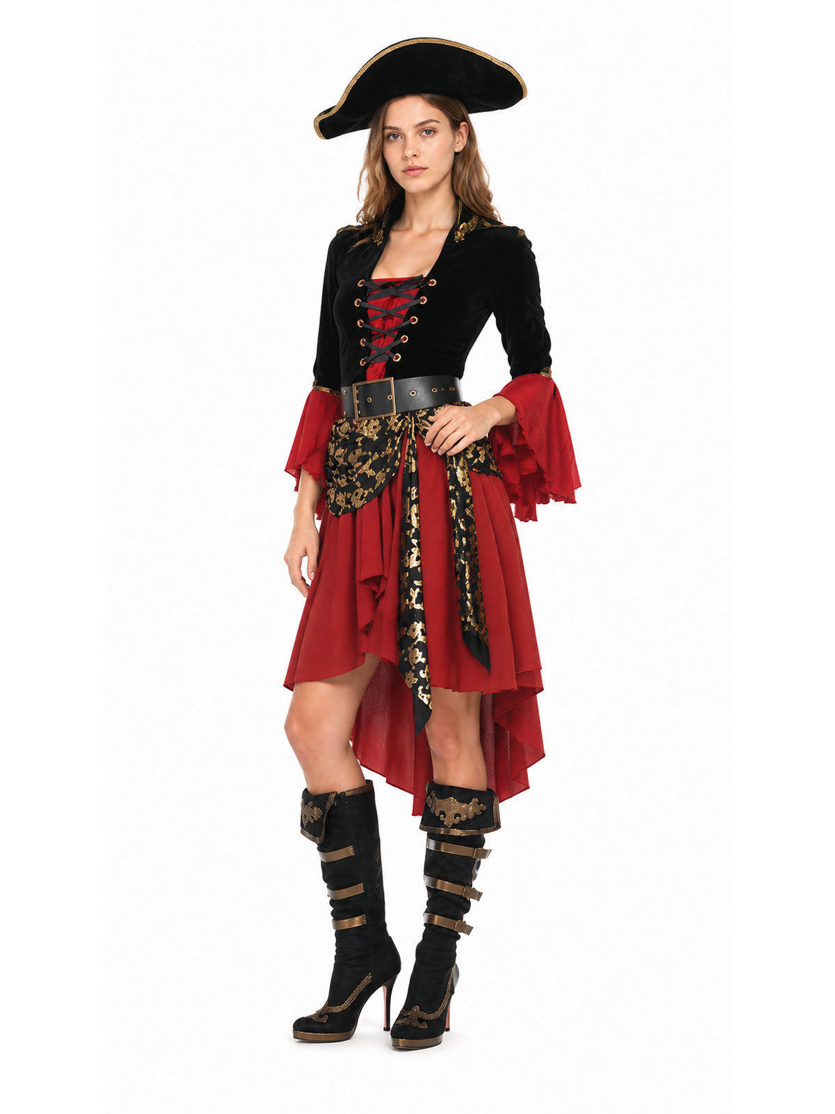 Pirate Costume with Gold Skull and Wine-Colored Skirt