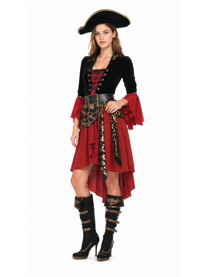 Pirate Costume with Gold Skull and Wine-Colored Skirt