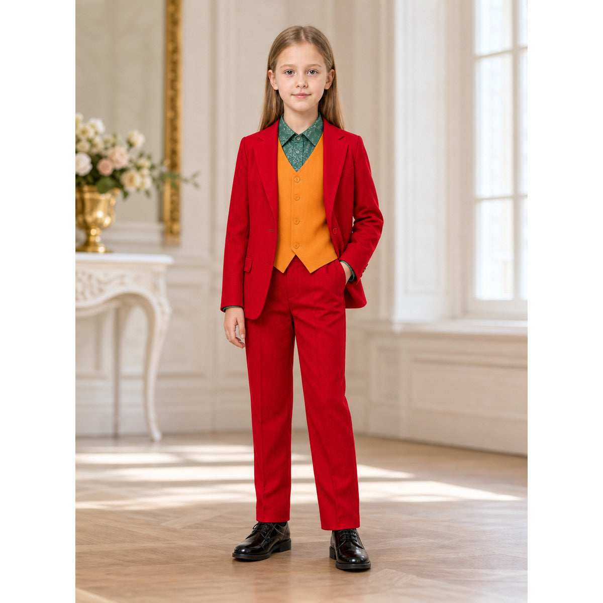 Bright Halloween cosplay costume with a red blazer lifestyle view
