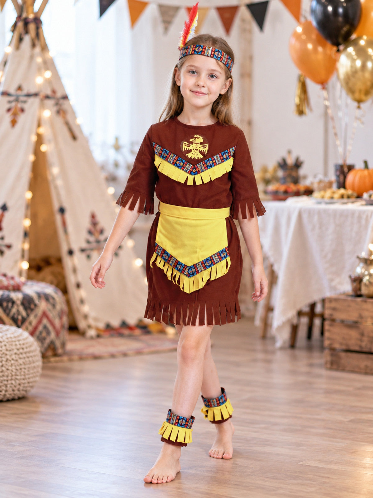 Kids' Indian Costume for Masquerade, Brown with Fringe