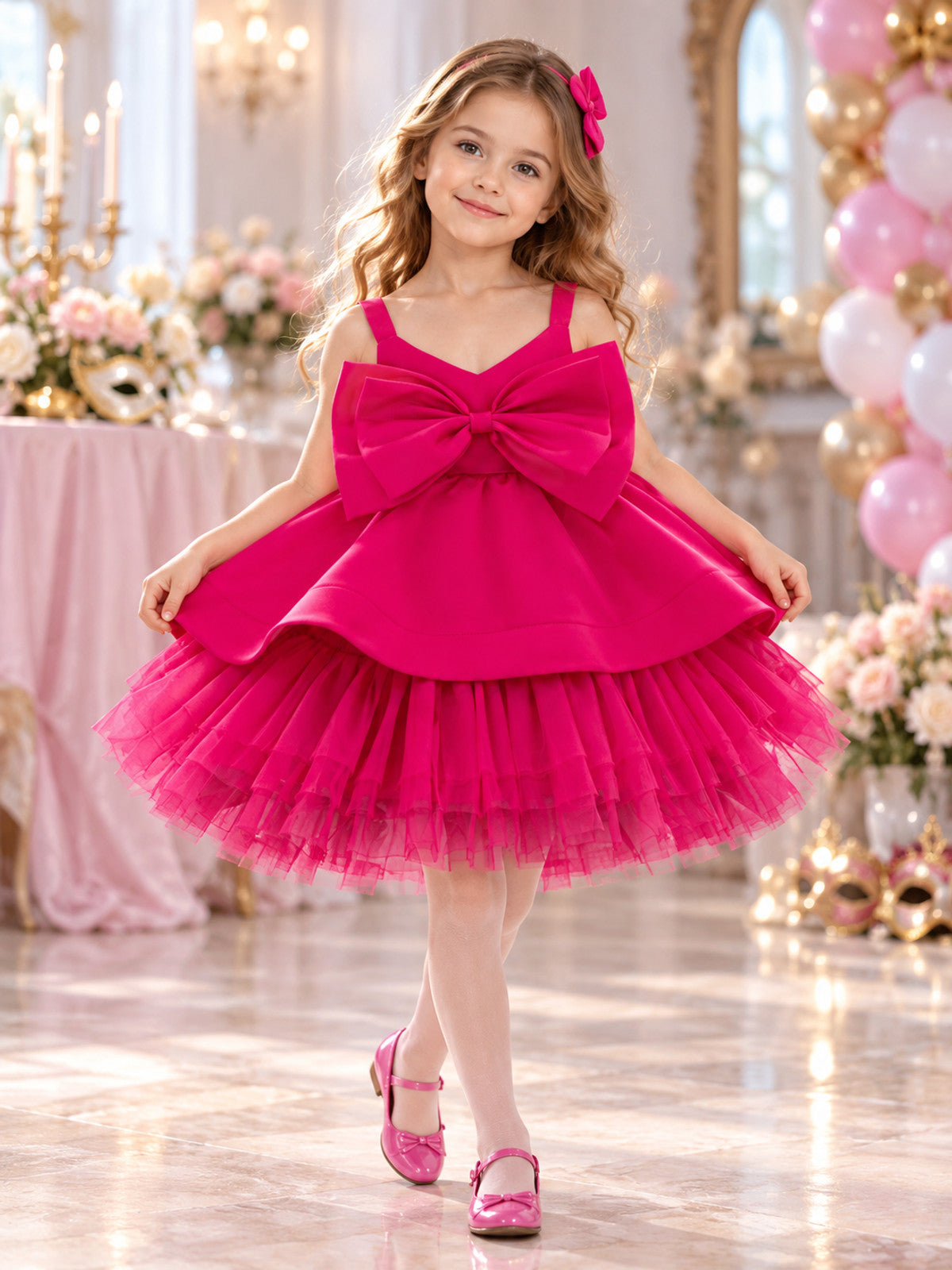 Girls' Festive Dress Bright Pink with Bow