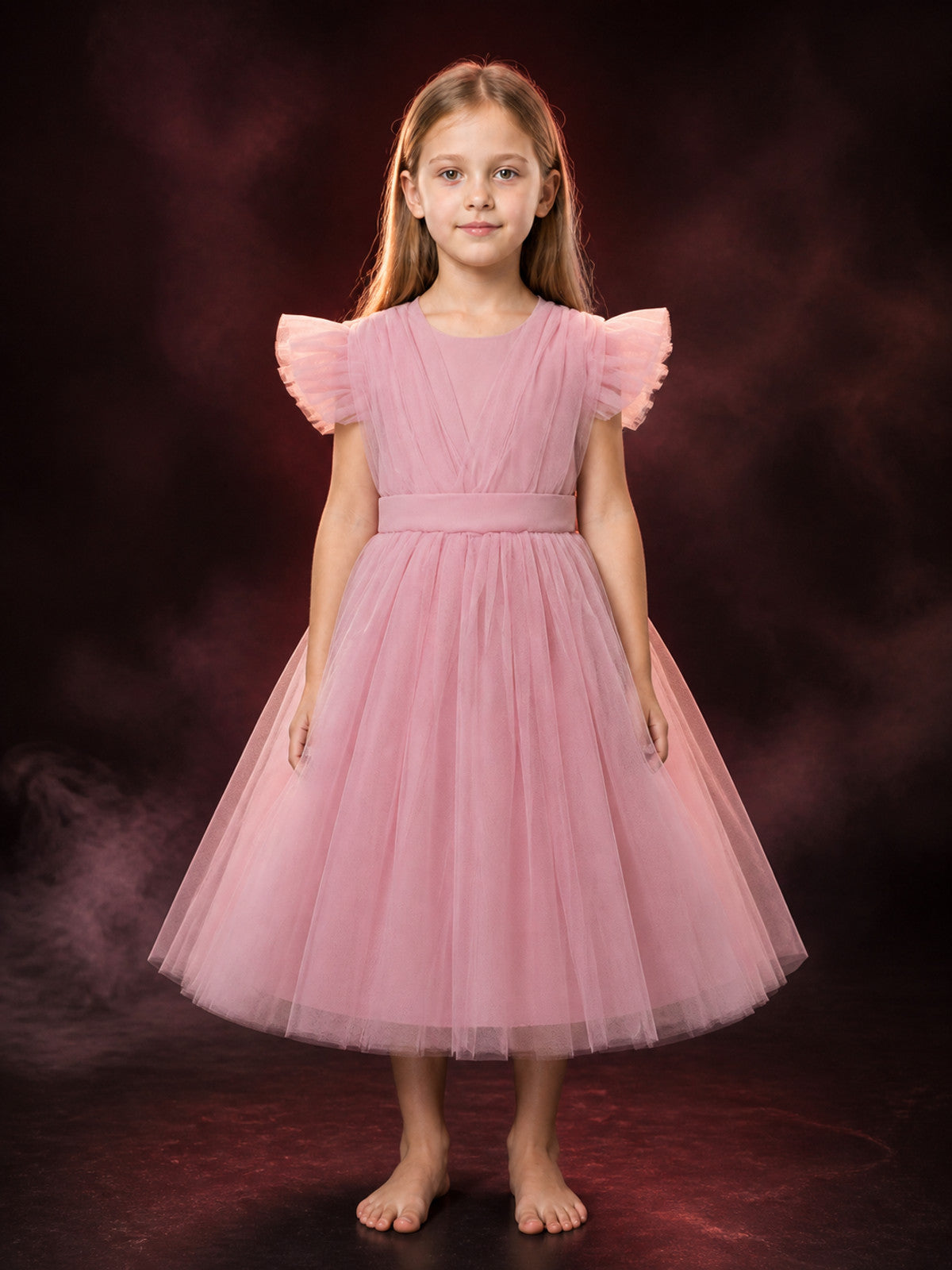 Toddler Girls' Pink Princess Dress, Layered Tulle Flutter Sleeve Formal Gown main product view