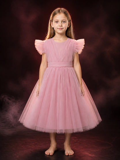 Toddler Girls' Pink Princess Dress, Layered Tulle Flutter Sleeve Formal Gown main product view