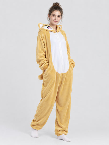 Plush yellow-beige kigurumi pajama with hood and ears