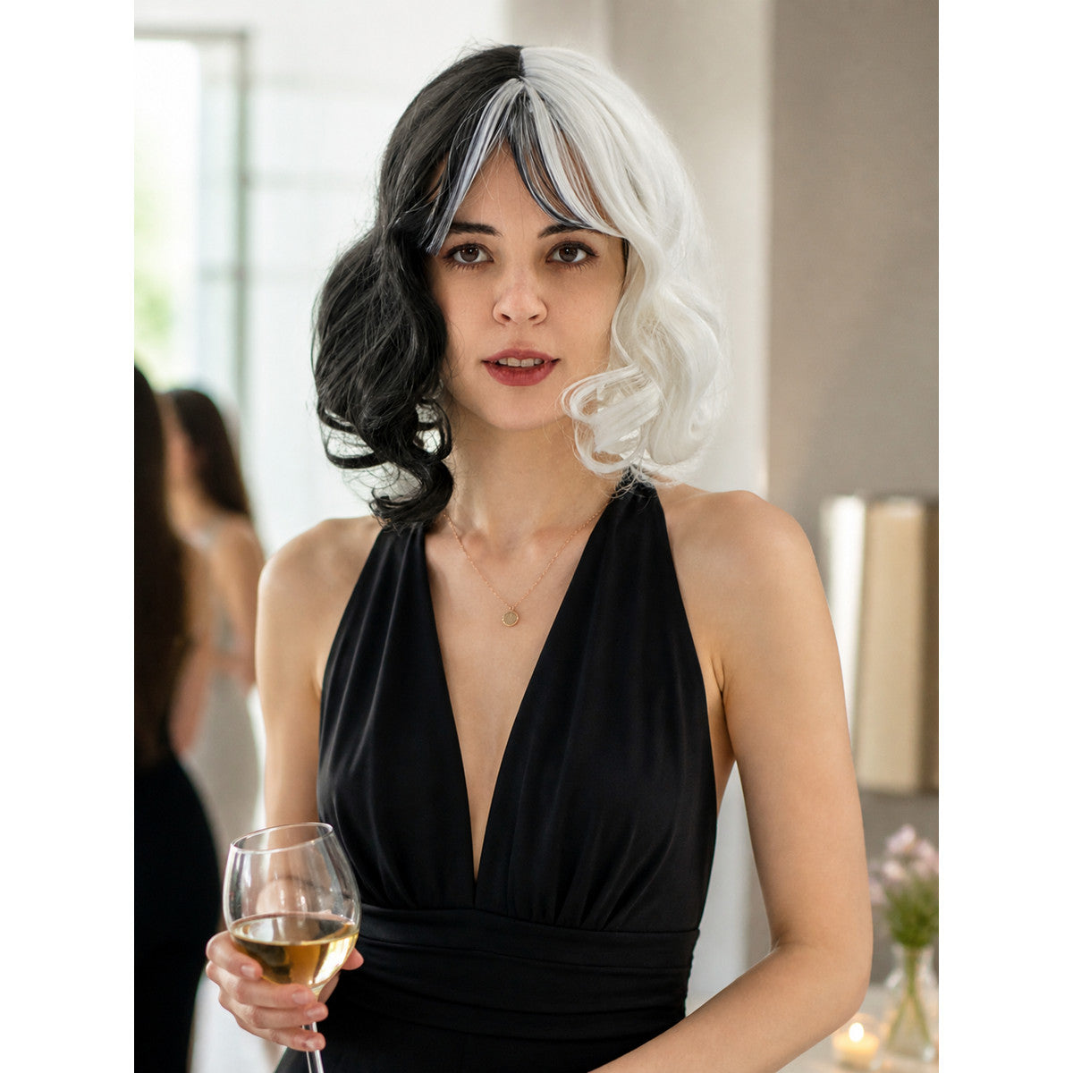 Black-and-White Carnival Wig, Medium Length, Wavy lifestyle view