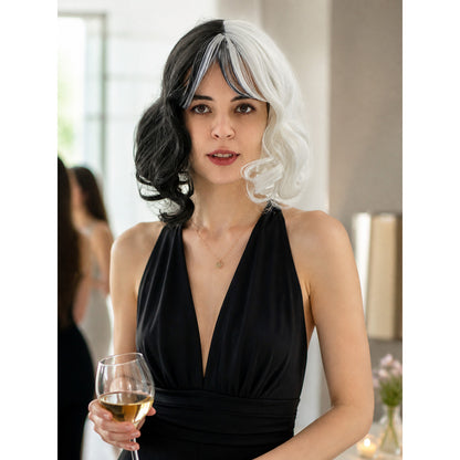 Black-and-White Carnival Wig, Medium Length, Wavy lifestyle view