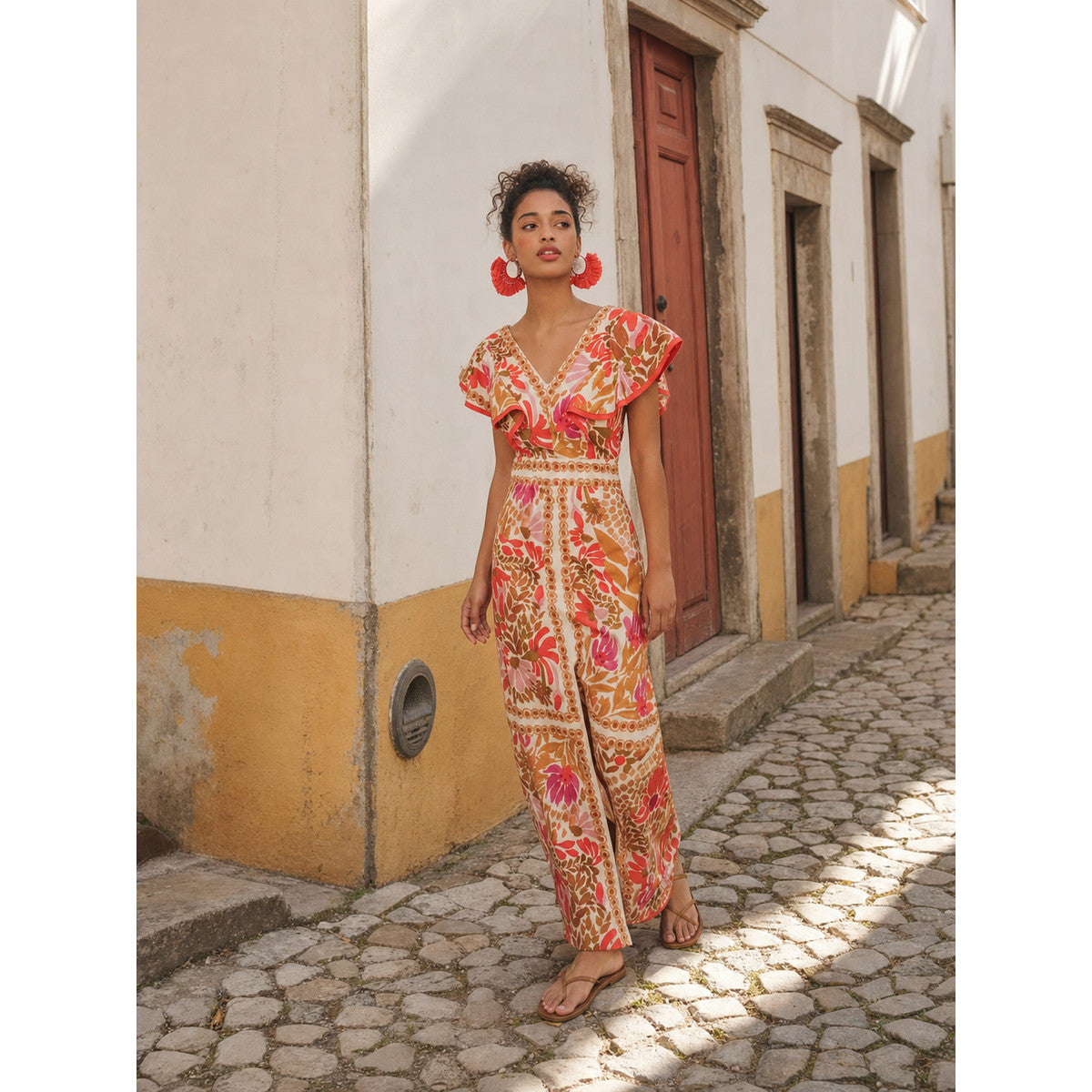 One-piece jumpsuit with a V-neckline, short sleeves, and wide-leg pants. The design is made as a single construction with a connection at the waistline. The upper part features a V-neckline and short sleeves, while decorative patterned elem
