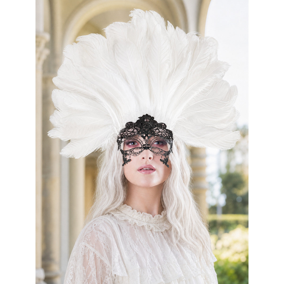 Masquerade Lace Eye Mask with White Feathers lifestyle