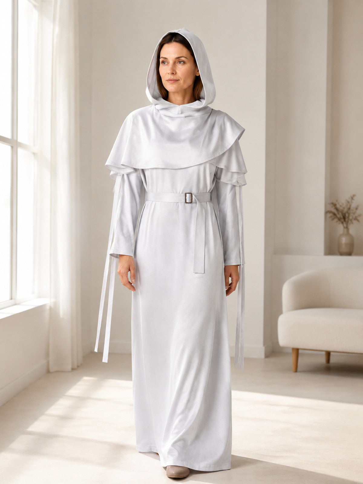 White Stage Costume with Hood and Belt for Cosplay lifestyle view