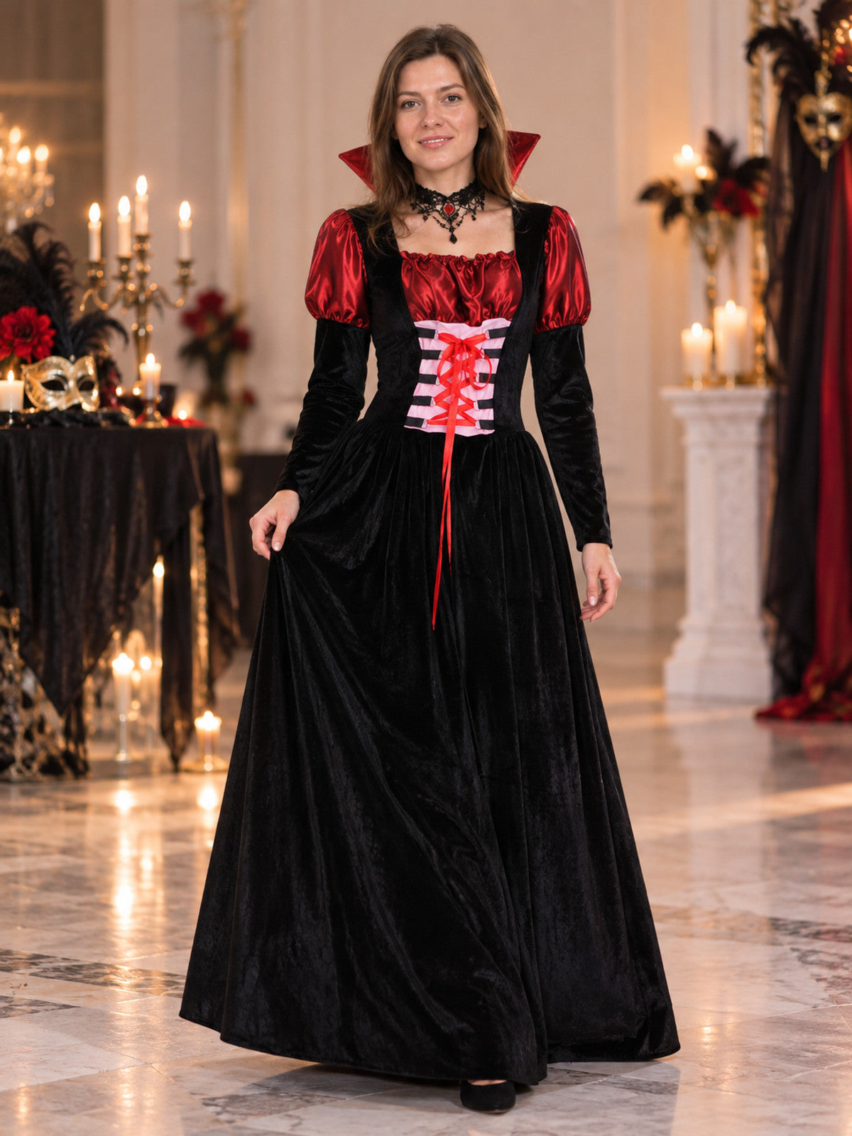 Vampire Costume: Long Dress with Puff Sleeves