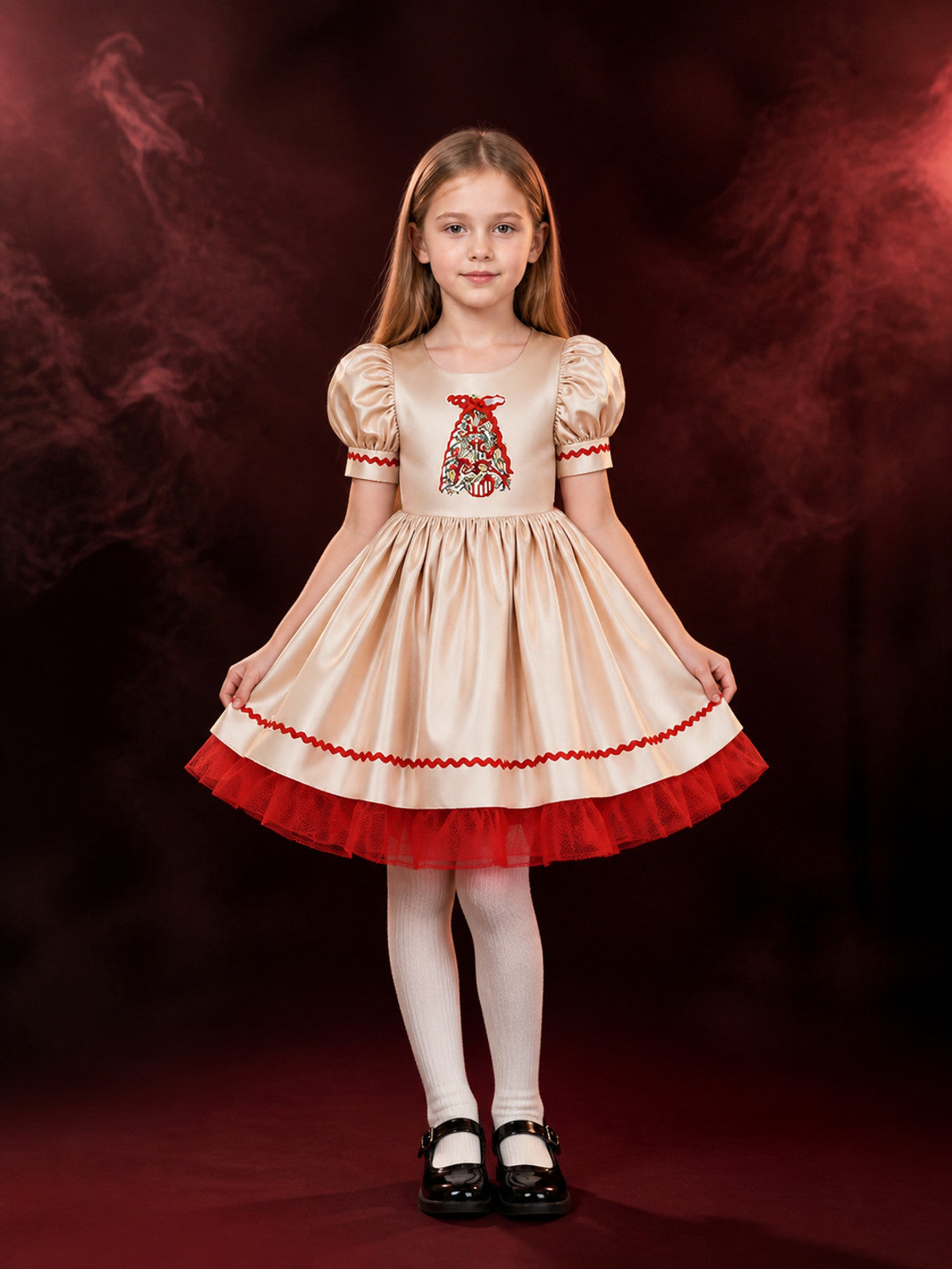 Girls' Christmas Princess Dress, Bell Print, Ruffle Trim and Tulle Skirt Costume main product view