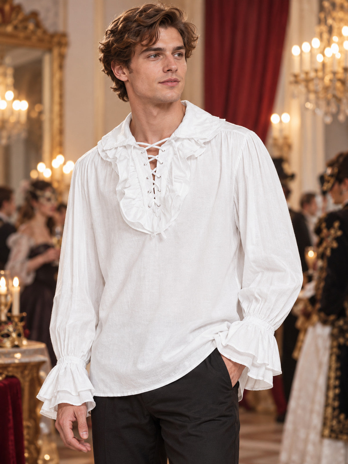 White shirt with ruffles, long sleeves, and lacing