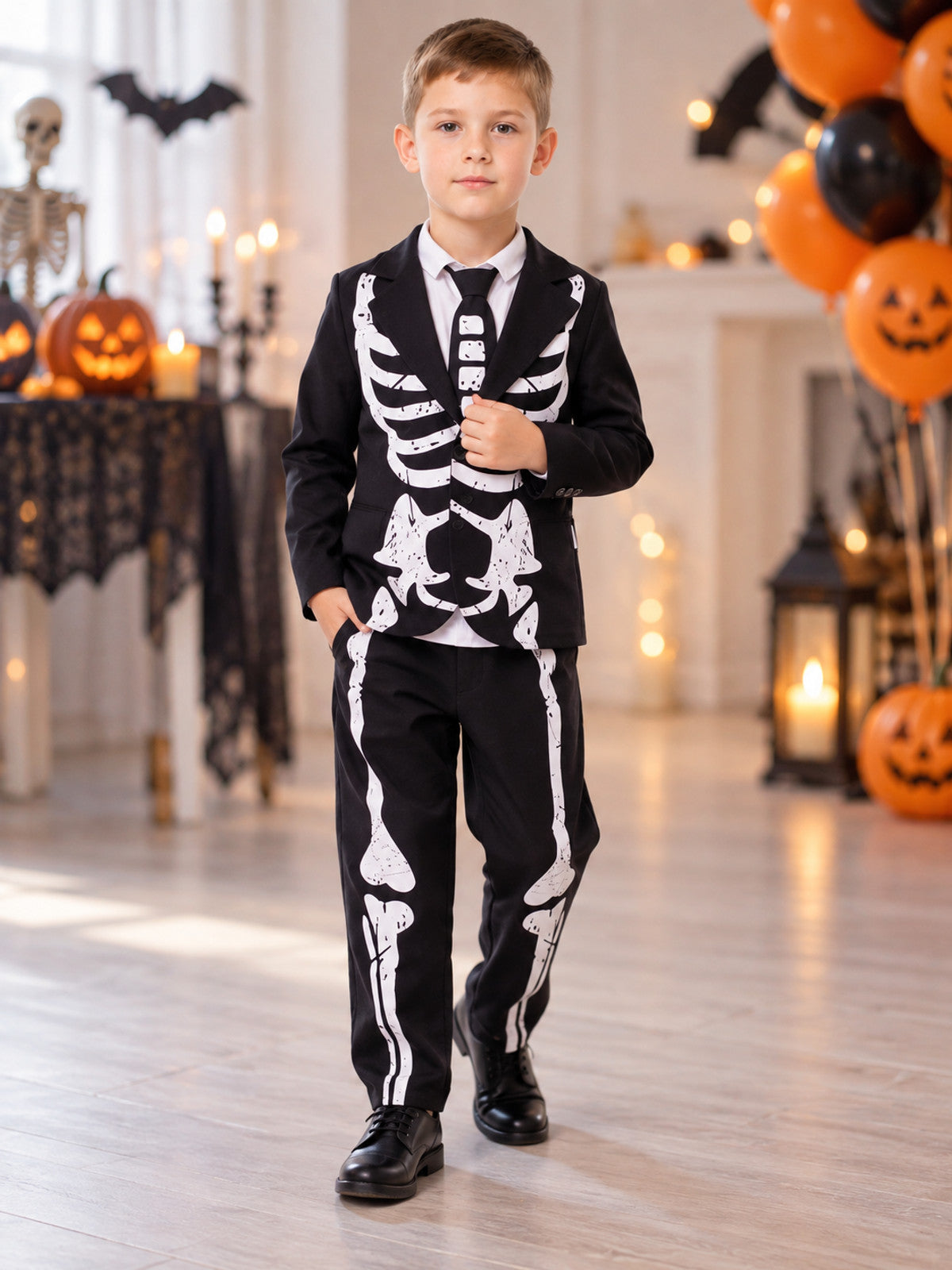 Kids' skeleton costume black with white print