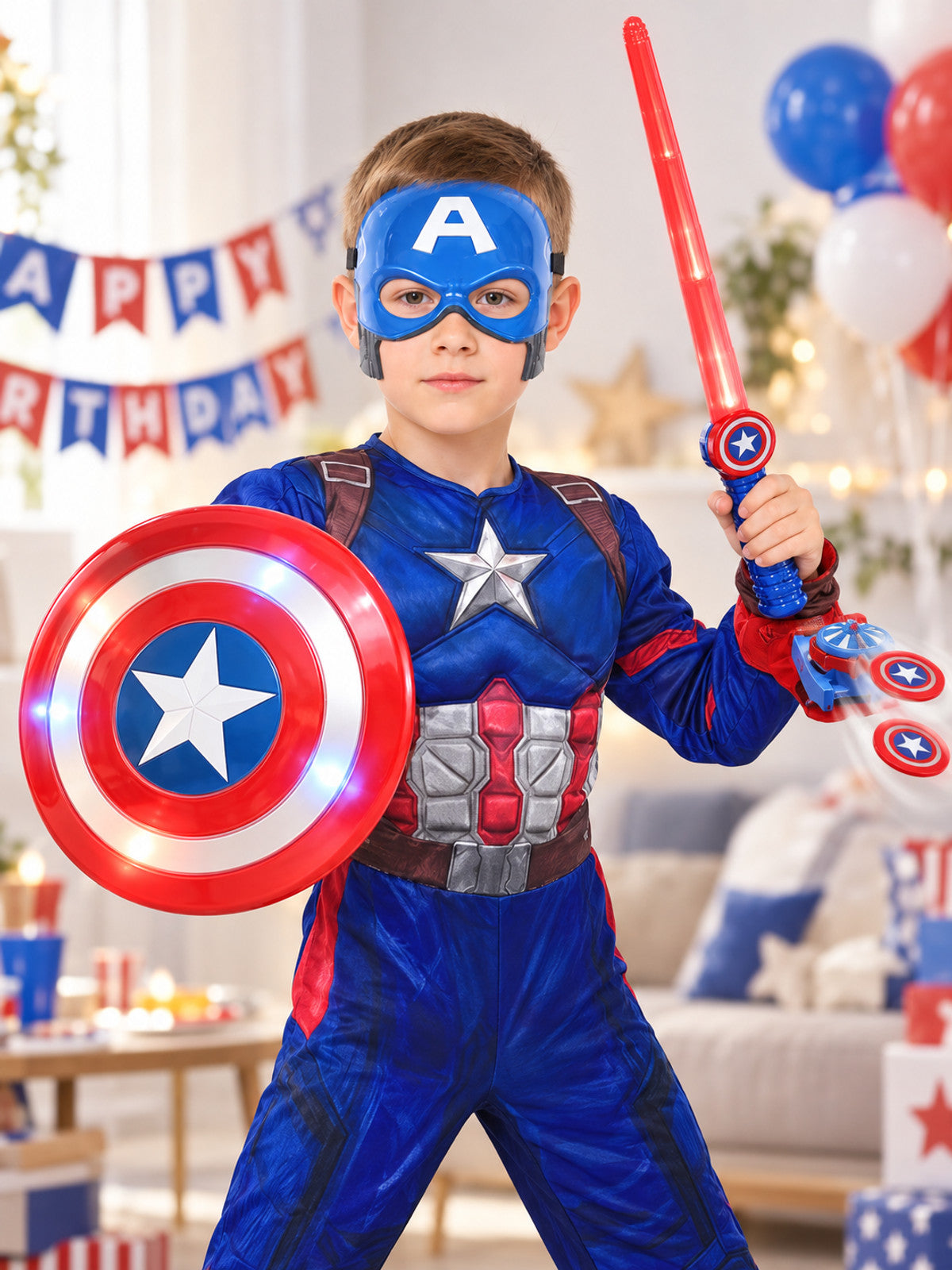 Kids' superhero carnival costume with mask and shield