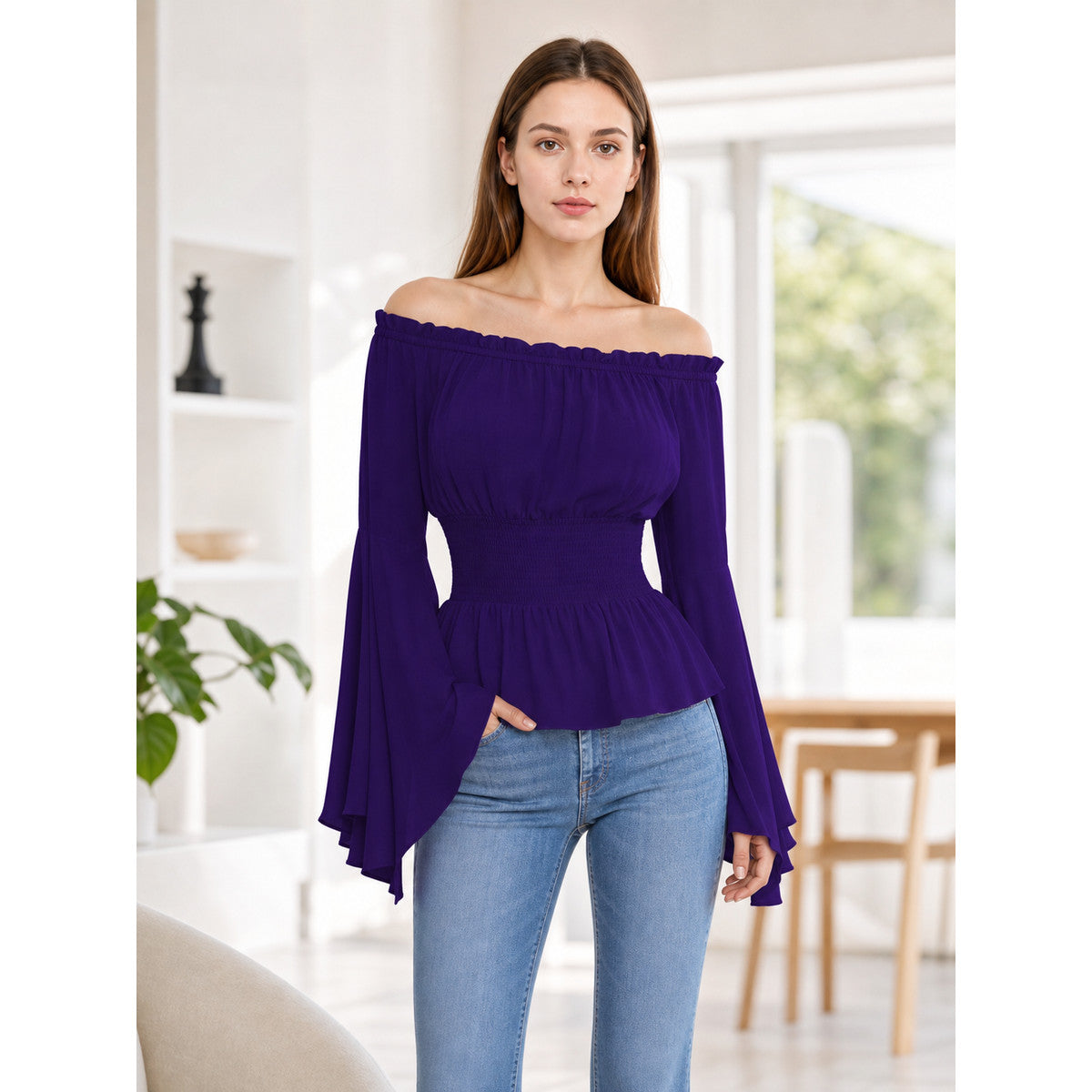 Off-Shoulder Top with Long Flared Sleeves