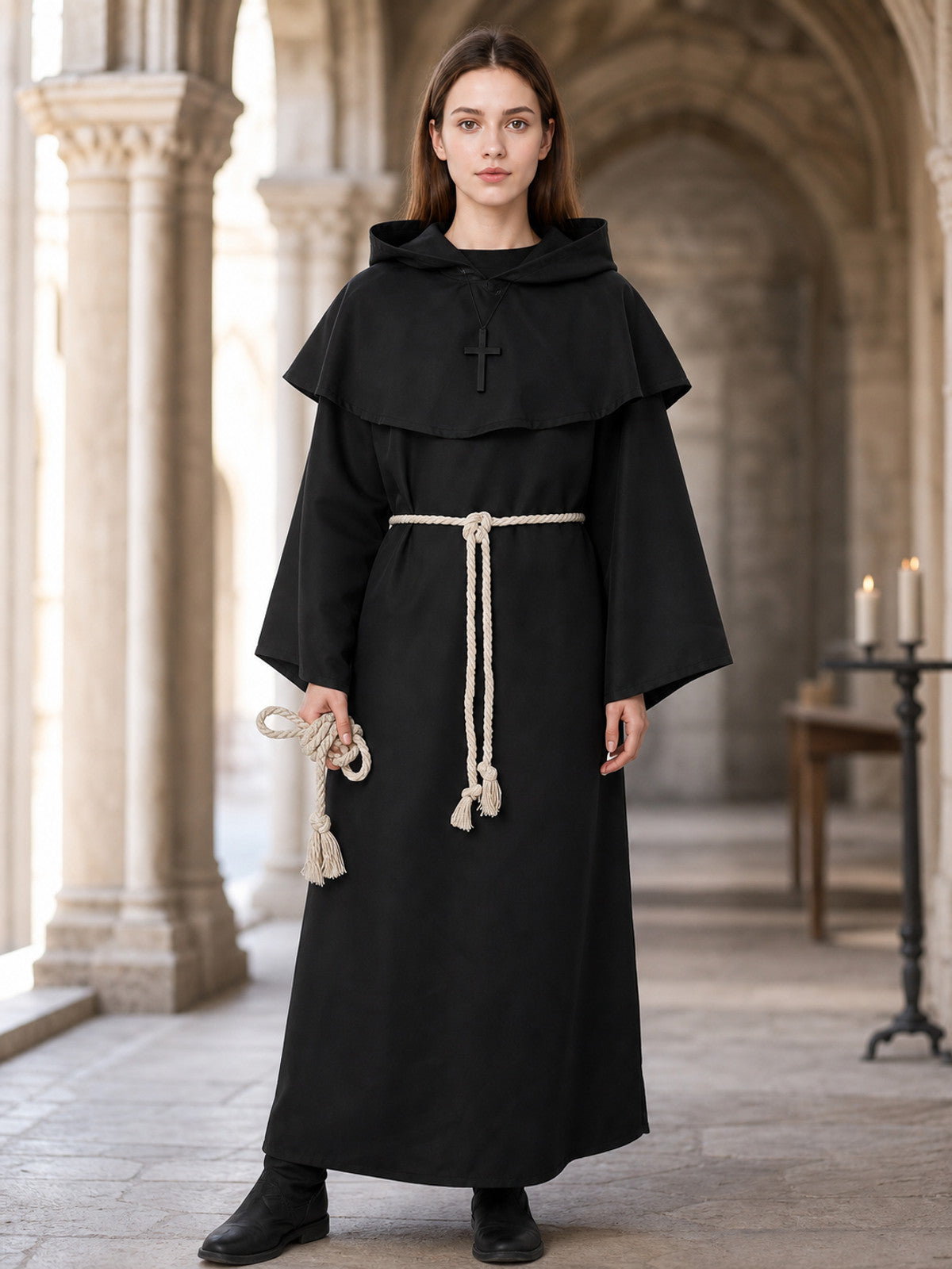 Black hooded monk robe on a full-body model in a church setting, showing a cross, wide sleeves, cream rope belt, and rope loop