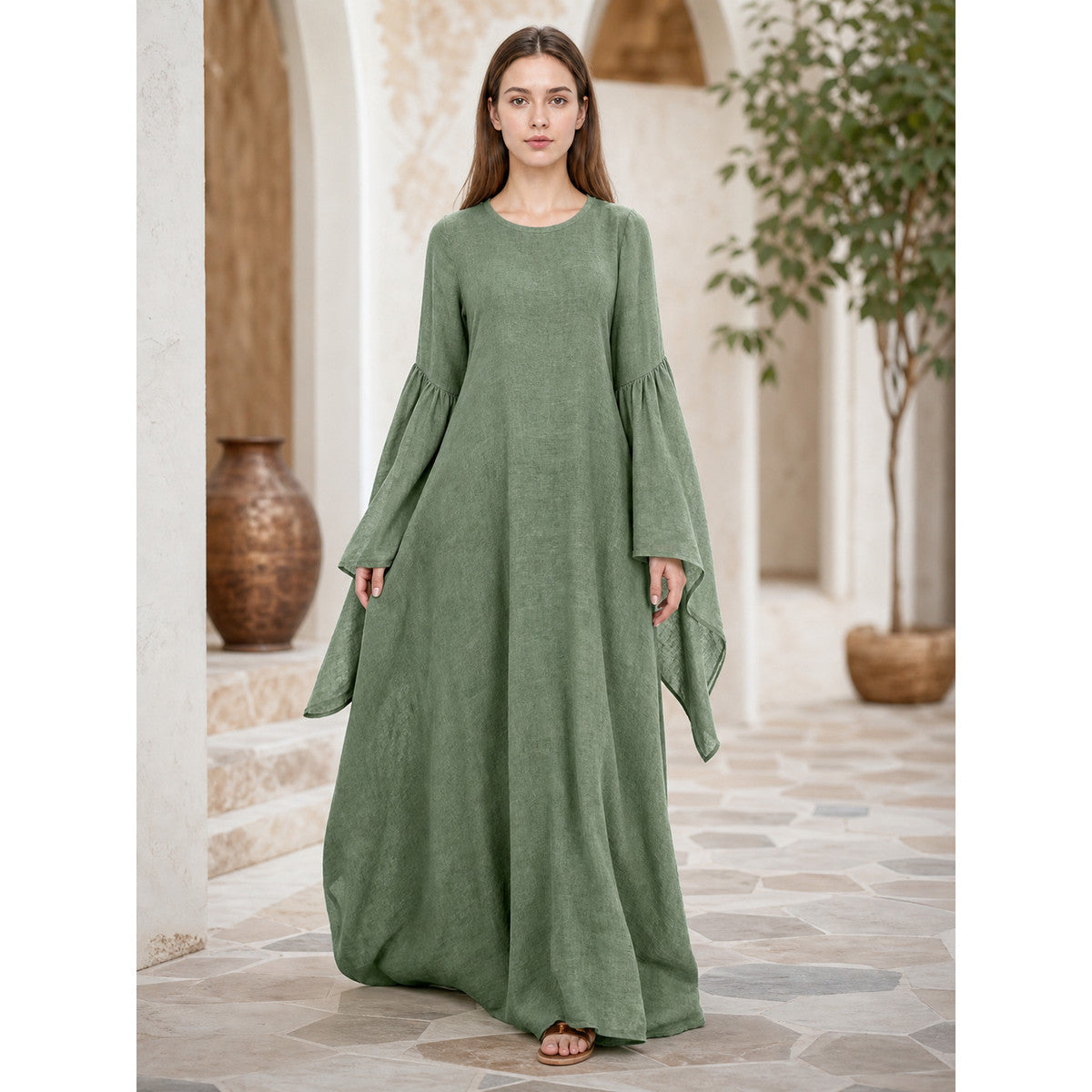 Long Green Retro-Style Dress with Belt lifestyle