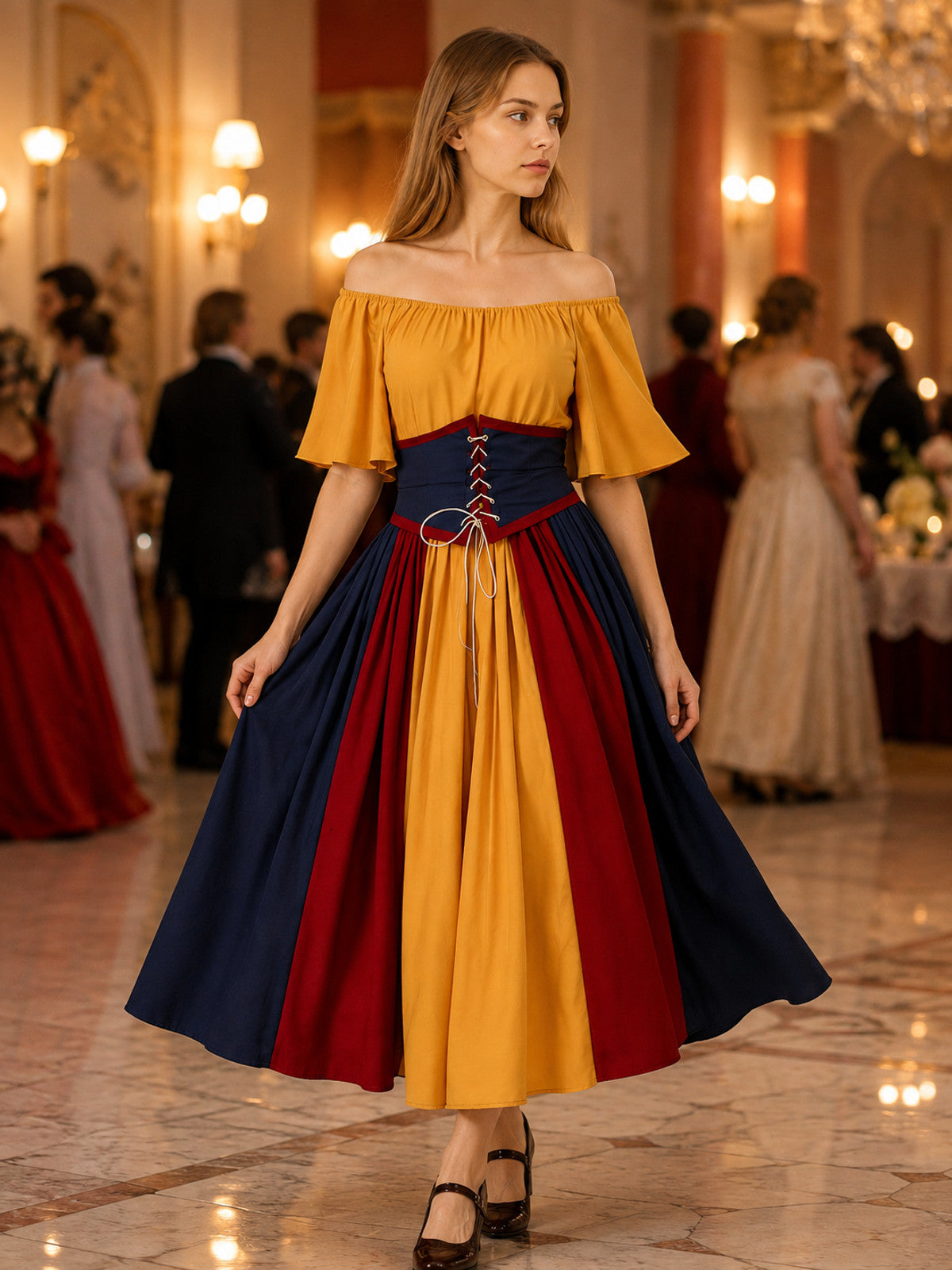 Carnival Dress with Corset Belt and Off-the-Shoulder Design lifestyle view