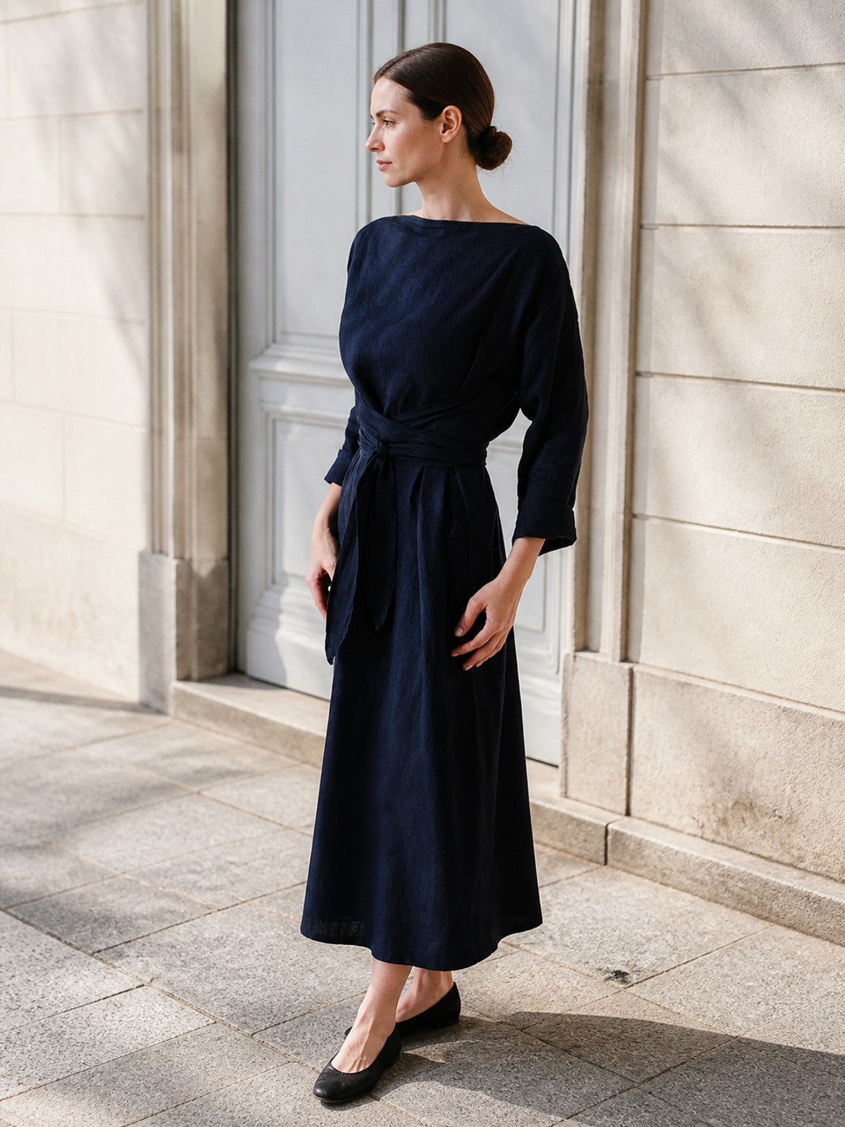 Long Dress with 3/4 Sleeves, Waist Ties, and Gathered Detail