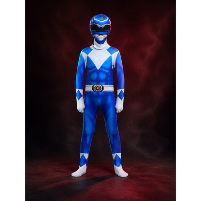 Dinosaur Ranger Full Body Onesie, Blue White Geometric Print Hooded Halloween main product view