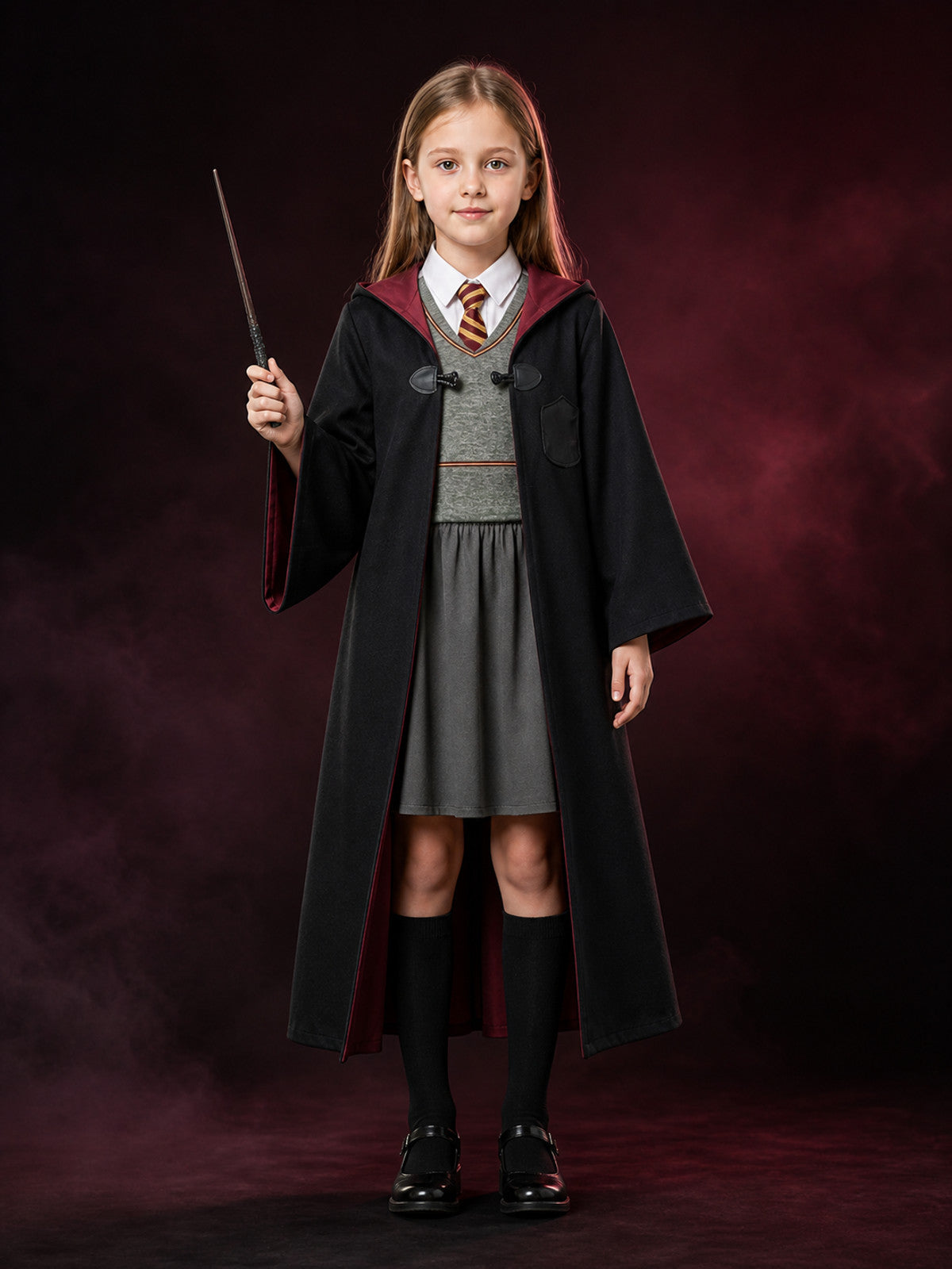 Kids' Wizard Halloween Costume Set with Hooded Robe, Vest, Skirt and Wand main product view