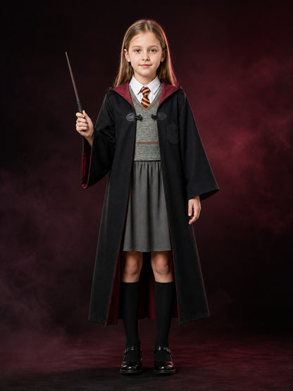 Kids' Wizard Halloween Costume Set with Hooded Robe, Vest, Skirt and Wand main product view