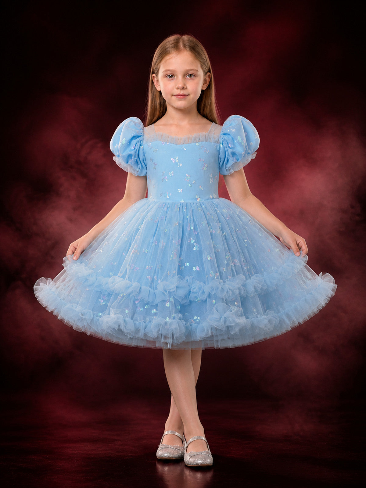 Toddler Girls' Sky Blue Princess Dress with Puff Sleeves, Layered Tulle Ruffles main product view
