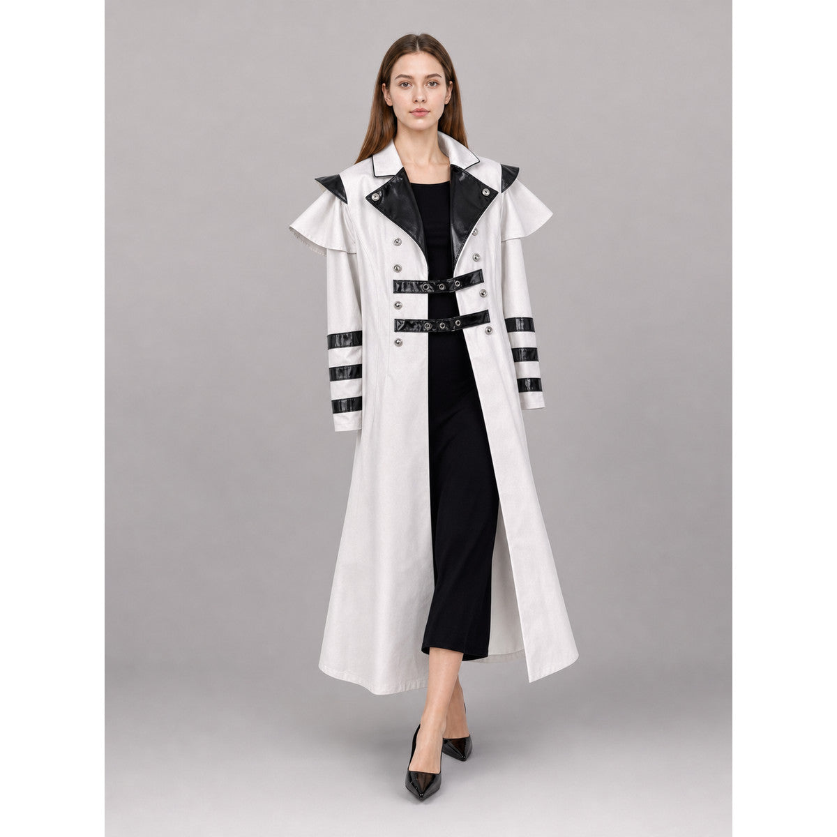 White costume cloak with black details lifestyle