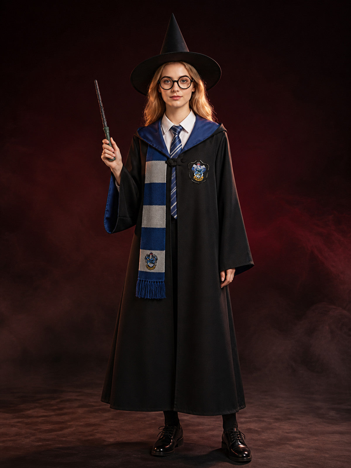 Unisex Hooded Wizard Halloween Costume Set with Scarf, Glasses, Wand & Hat main product view